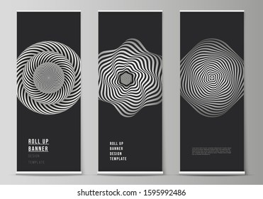 The vector illustration layout of roll up banner stands, vertical flyers, flags design business templates. Abstract 3D geometrical background with optical illusion black and white design pattern.