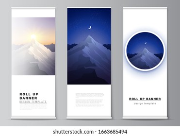 The vector illustration layout of roll up banner stands, vertical flyers, flags design business templates. Mountain illustration, outdoor adventure. Travel concept background. Flat design vector.