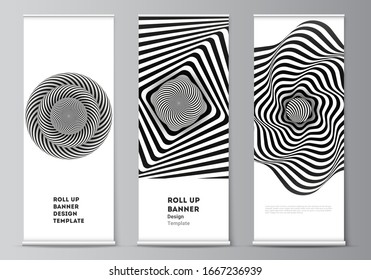 The vector illustration layout of roll up banner stands, vertical flyers, flags design business templates. Abstract 3D geometrical background with optical illusion black and white design pattern