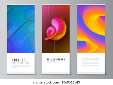 The vector illustration layout of roll up banner stands, vertical flyers, flags design business templates. Futuristic technology design, colorful backgrounds with fluid gradient shapes composition.