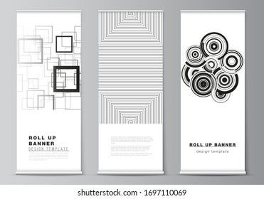 The vector illustration layout of roll up banner stands, vertical flyers, flags design business templates. Trendy geometric abstract background in minimalistic flat style with dynamic composition