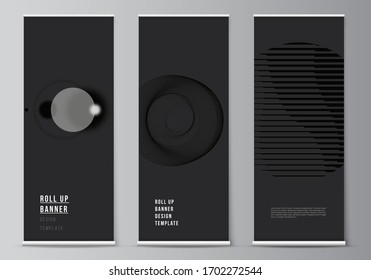 Vector illustration layout of roll up banner stands, vertical flyers, flags design business templates. Geometric abstract background, futuristic science and technology concept for minimalistic design.