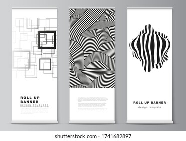 The vector illustration layout of roll up banner stands, vertical flyers, flags design business templates. Trendy geometric abstract background in minimalistic flat style with dynamic composition