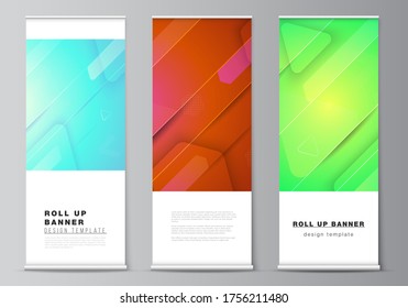 The vector illustration layout of roll up banner stands, vertical flyers, flags design business templates. Futuristic technology design, colorful backgrounds with fluid gradient shapes composition.