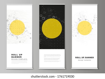 The vector illustration layout of roll up banner stands, vertical flyers, flags design business templates. Science or technology 3d background with dynamic particles. Chemistry and science concept.
