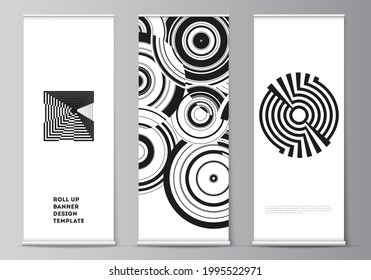 The vector illustration layout of roll up banner stands, vertical flyers, flags design business templates. Trendy geometric abstract background in minimalistic flat style with dynamic composition.