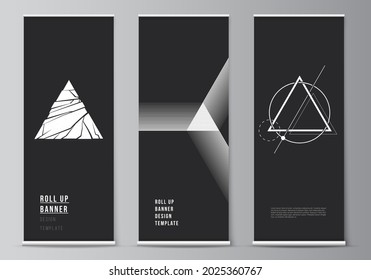 The vector illustration layout of roll up banner stands, vertical flyers, flags design business templates. Abstract geometric triangle design background using different triangular style patterns.