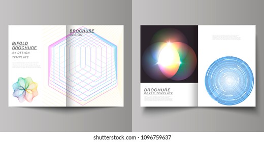 Vector illustration of layout of two A4 format modern cover mockups design templates for bifold brochure, magazine, flyer. Abstract colorful geometric backgrounds in minimalistic design to choose from