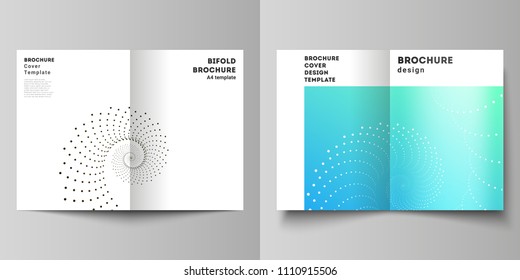 The vector illustration of layout of two A4 format cover mockups design templates for bifold brochure, magazine, flyer, booklet. Geometric technology background. Abstract monochrome vortex trail.