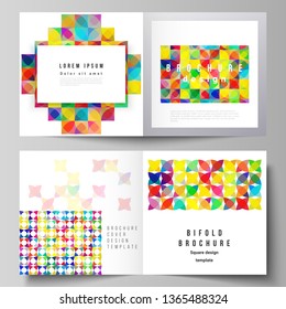 The vector illustration layout of two covers templates for square design bifold brochure, magazine, flyer, booklet. Abstract background, geometric mosaic pattern with bright circles, geometric shapes.