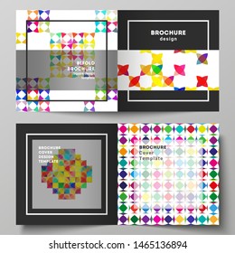 The vector illustration layout of two covers templates for square design bifold brochure, magazine, flyer, booklet. Abstract background, geometric mosaic pattern with bright circles, geometric shapes