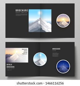 Vector illustration layout of two covers templates for square design bifold brochure, magazine, flyer, booklet. Mountain illustration, outdoor adventure. Travel concept background. Flat design vector.