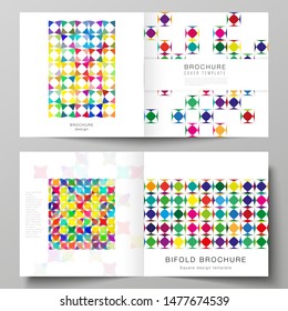 The vector illustration layout of two covers templates for square design bifold brochure, magazine, flyer, booklet. Abstract background, geometric mosaic pattern with bright circles, geometric shapes