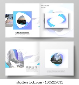 The vector illustration layout of two covers templates for square design bifold brochure, magazine, flyer, booklet. Blue color gradient abstract dynamic shapes, colorful geometric template design.