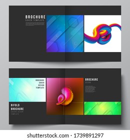Vector illustration layout of two covers template for square design bifold brochure, magazine, flyer, booklet. Futuristic technology design, colorful backgrounds with fluid gradient shapes composition