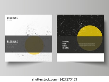 Vector illustration layout of two square format covers design templates for brochure, flyer, magazine. Science or technology 3d background with dynamic particles. Chemistry and science concept.