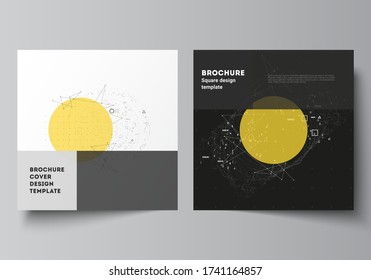 Vector illustration layout of two square format covers design templates for brochure, flyer, magazine. Science or technology 3d background with dynamic particles. Chemistry and science concept.