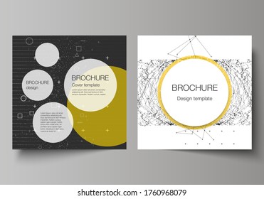 Vector illustration layout of two square format covers design templates for brochure, flyer, magazine. Science or technology 3d background with dynamic particles. Chemistry and science concept.