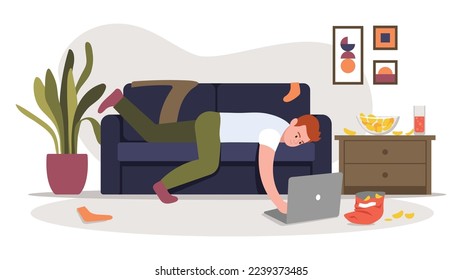 Vector illustration of laziness. Cartoon scene with a guy who lies on the couch and clothes and chips are scattered around the floor on white background.
