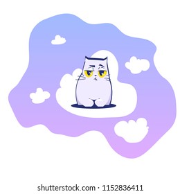 Vector illustration of  a lazy gray cat on a cloud. 