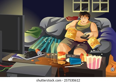 A vector illustration of lazy man eating potato chips and watching TV