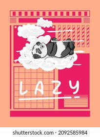 vector illustration of lazy panda, animal playing with mobile phone, on modern geometric background, design for t-shirts, apparel and merchandise