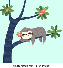 Vector illustration of a lazy sloth sleeping on the tree.