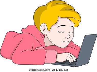 Ilustração vetorial de um estudante preguiçoso deitado enquanto usava um laptop.