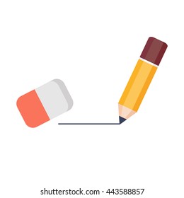 Vector illustration of lead pencil drawing and eraser erasing line isolated on white background