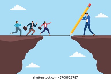 Ilustración vectorial de un líder que traza un puente con un lápiz gigante para ayudar a los colegas a cruzar una brecha, simbolizando la guía, el trabajo en equipo, la resolución de problemas y la creación de oportunidades de éxito
