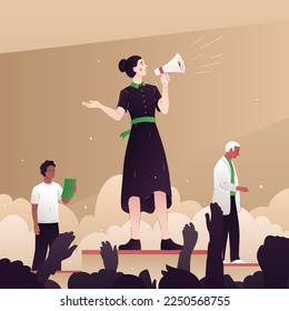 Vector illustration of a leader with a loudspeaker. A woman standing on the stage makes a campaign speech. People came to the rally. Banner for the election campaign. Performance at an event. 