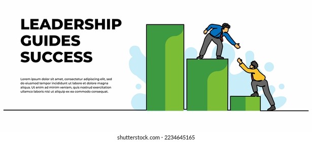 Vector illustration of a leader reaching out to help the businessmen below him. Design concept of growth, teamwork, leadership. Modern flat in continuous line style.