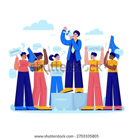 Vector illustration of a leader standing on a podium and speaking through a megaphone, Public speech around group of supporters holding banner and sign campaigning for justice and human rights.