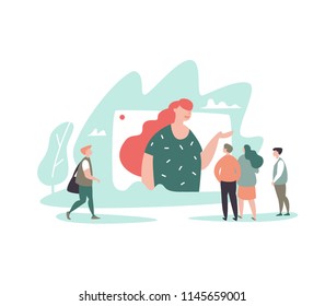 Vector illustration of leader woman with target audience. Concept target market, sales generation, audience outreach, blogging