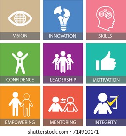 Vector illustration. Leadership in business concept. Leader success business people skill development icons typography