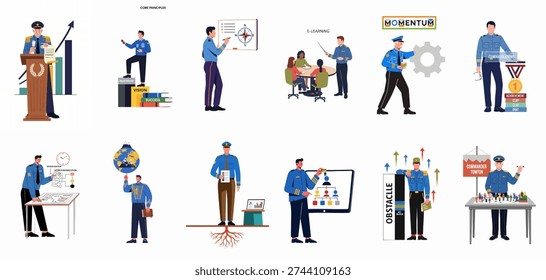 Vector Illustration of Leadership Development: From Strategic Planning and E-Learning to Overcoming Obstacles and Achieving Success in a Professional Environment.
