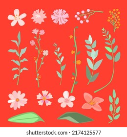 ilustración vectorial de la colección de hojas y flores en estilo de dibujos animados bonitos