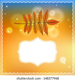 Vector illustration of a leaf and ornamental frame on abstract gold bokeh background. Modern drawing for autumn poster template, seasonal sales coupon, wedding invitation card, postcard, web banner