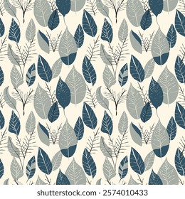 Vector illustration of leaf seamless pattern, minimalist style, earth tones of dark blue, cream and beige for natural, warm, modern designs, wallpaper, fabric, prints, decorations.