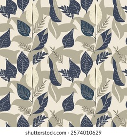 Vector illustration of leaf seamless pattern, minimalist style, earth tones of dark blue, cream and beige for natural, warm, modern designs, wallpaper, fabric, prints, decorations.