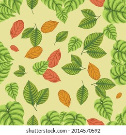 Vector illustration of leaf seamless pattern,with a blend of fresh leaves and dead leaves, made from a creative idea in a freehand style, so they look natural. suitable for wall decoration, and print 