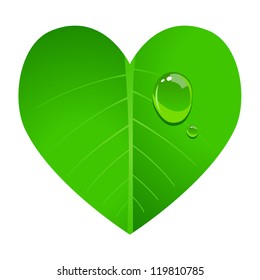 Vector illustration of a leaf shaped in heart with dew on it