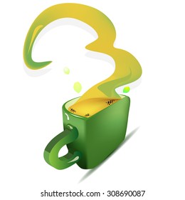 a vector illustration of a leaf shaped tea cup with tea and steam in funny shape, with tea drops around, sun reflection on a three dimensional cup