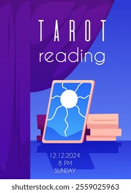 Vector illustration of a leaflet with tarot cards, date, time and place for text. Fortune telling and esotericism advertising poster. Prediction of the future and mysticism. Flat cartoon style.