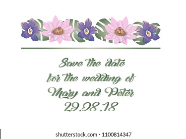 Vector illustration of leaflets made of tropical flowers and leaves on a white background with a place for text. Calligraphic wedding text.