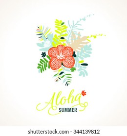 Vector illustration with leafs and foliage inspired by tropical nature and plants like orchids and ferns in multiple bright colors. Card template with floral design, exotic flowers, leafs and branches