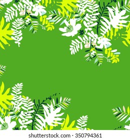 Vektorillustration mit Blättern und Blattwerk, inspiriert von tropischer Natur und Pflanzen wie Palmen und Farnen in hellgrünen Farben. Kartenvorlage mit floralem Design, exotischen Blumen, Blättern und Ästen