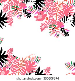 Vector illustration with leafs and foliage inspired by tropical nature and plants like palm tree and ferns in bright pink colors. Card template with floral design, exotic flowers, leafs and branches