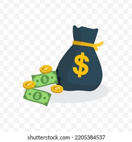 Vector Illustration Of Leaky Money Bag. Colored Vector For Website Design. Simple Design With Transparent Background (PNG).