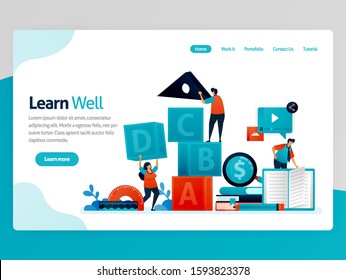 Vector illustration for learn well landing page. Learning well, training teamwork and leadership, learning and playing. Intelligence game for student numeration. Homepage header web page template apps